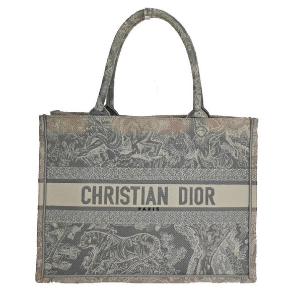 CHRISTIAN DIOR Book Tote Medium Hand Bag Embroidery Canvas Leather Gray